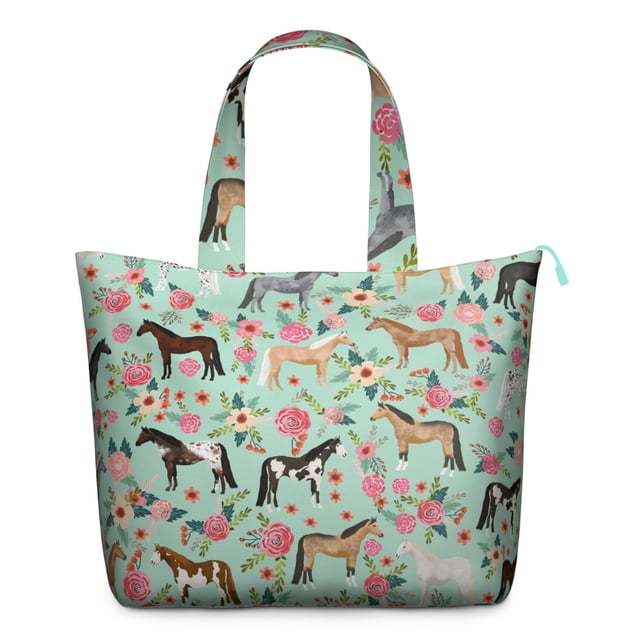 Artistic Horse Lover Travel Duffel, Rainbow Unicorn and Flower Print Weekender Tote, Lightweight Retro Rural Carry-on Bag