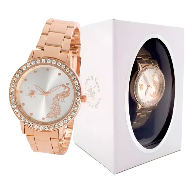 Set Polo De Negro Y Plata Reloj Y Pulsera A Juego Para Dama Correa Dorado Oscuro Bisel Dorado Oscuro Fondo Plateado