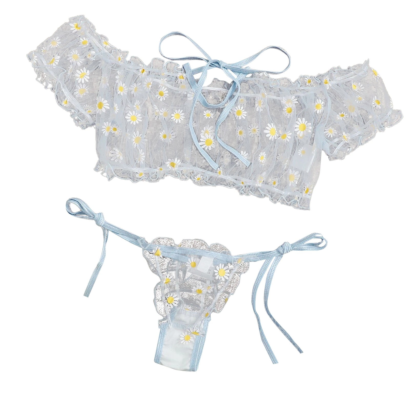 YDKZYMD Wedding Lingerie Set Mesh Embroidered Floral Plus Size Sexy Bra and  Panty Sets for Women Light blue S 