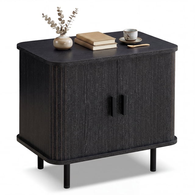 Gymax End Table Modern Mid Century Nightstand w/Sliding Tambour Doors & Storage Shelf Black