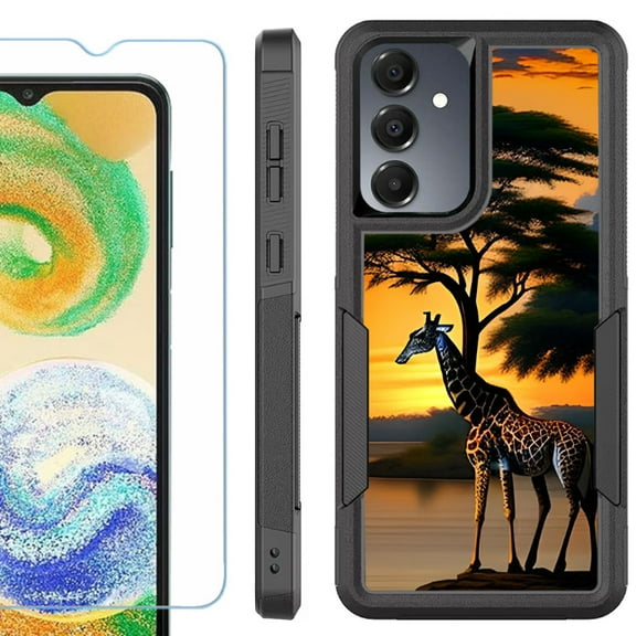 Heavy Duty Dual Layer Hybrid Phone Case for Samsung Galaxy S24 FE 5G with Tempered Glass Screen Protector, by OneToughShield - Giraffe Sunset