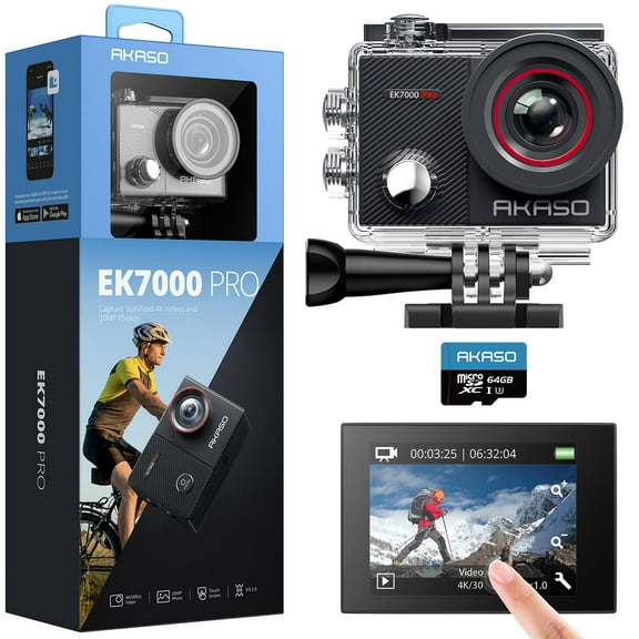Akaso Ek7000 Pro 4K30Fps Cámara De Acción Con Tarjeta De Memoria Microsdxc U3 De 64 Gb Kit De Accesorios Paquete Ultra Hd 131Ft Cámara Impermeable Eis Wifi Control Remoto Cámara Subacuática Con Zoom 5
