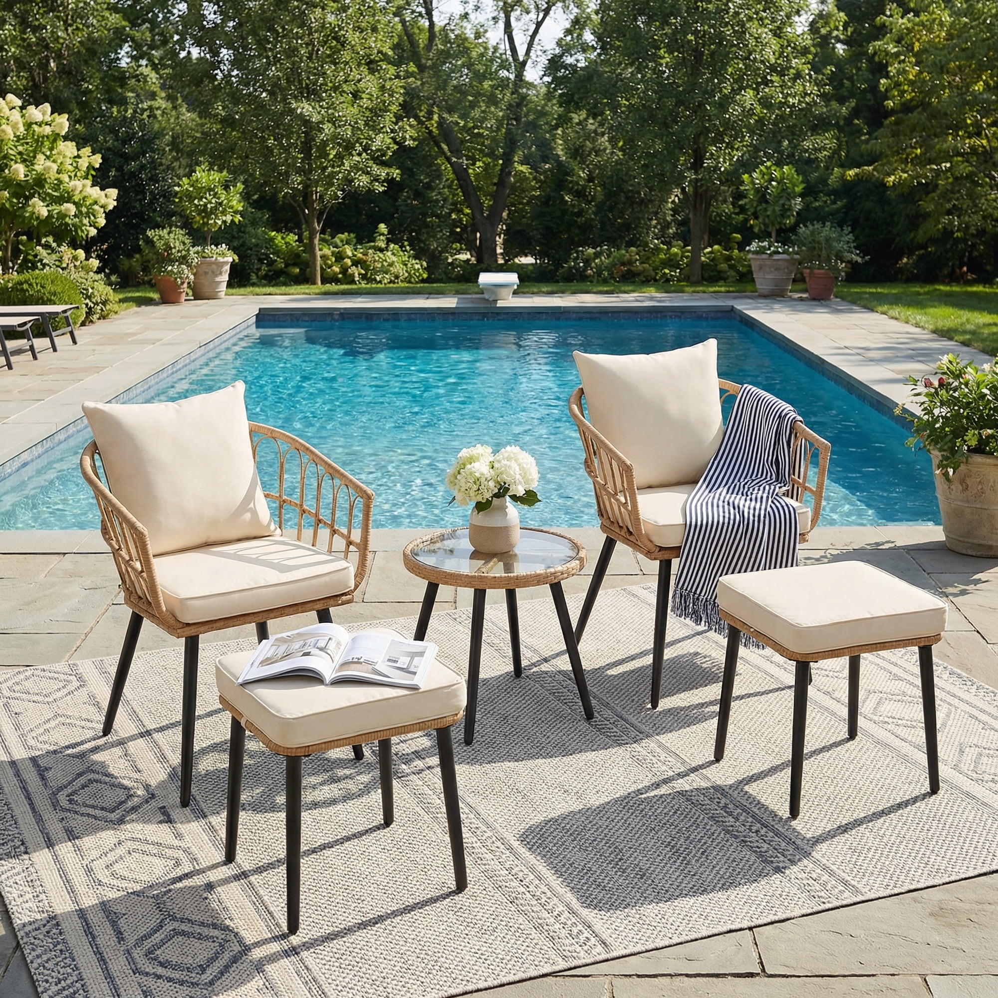 FHFO 5 Piece Patio Bistro Set, Outdoor Wicker Furniture, Rattan Table & Chairs Set with Cushions (Yellow/Beige)