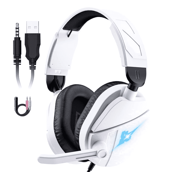 Gaming Headsets with Noise Cancelling Microphone, Xbox One & PS5 PS4 Headphones, High-Quality Stereo Sound, LED Light, Soft Memory Earmuffs for Ultimate Comfort, Wired Over-Ear Headset for PC, Laptop