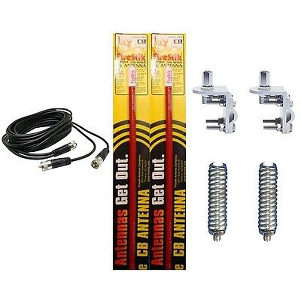 NEW 2 FIRESTIK KW2 R 2FT RED CB ANTENNA, 18FT DUAL COAX, MOUNTS, SPRINGS KIT