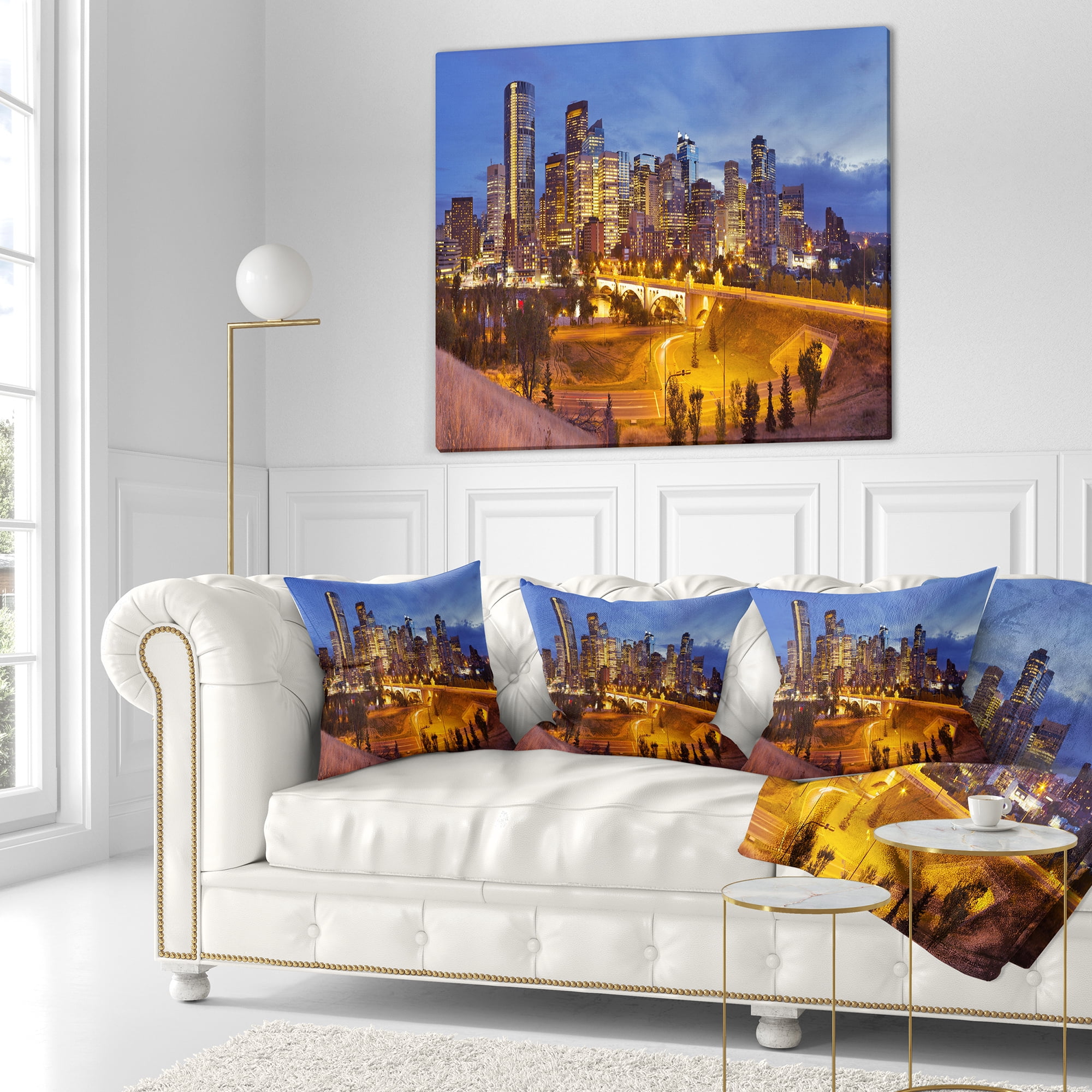 Designart Skyline of Calgary at Night Panorama - Modern Cityscape Throw Pillow - 16x16