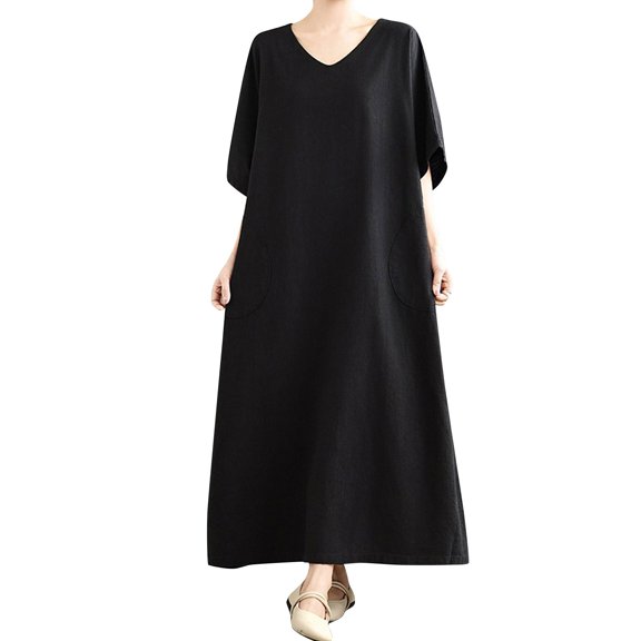 Youyipin womens Maxi Dress Solid Plus Size Loose Cotton prom dress Linen Long Dresses with Pockets dresses for women