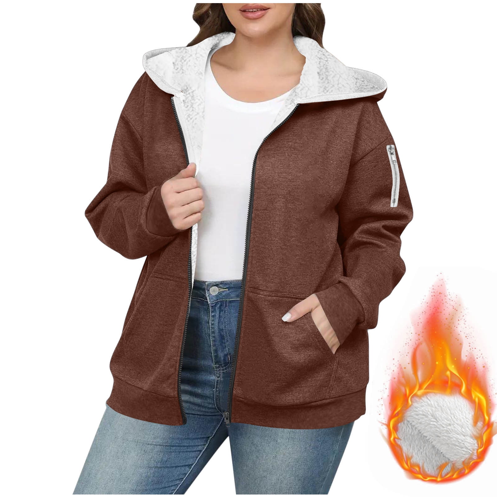 DPTALR George Women's Plus Size Solid Color Zip-Up Hooded Fleece-Thickened,Brown,Big and Tall Men XXL