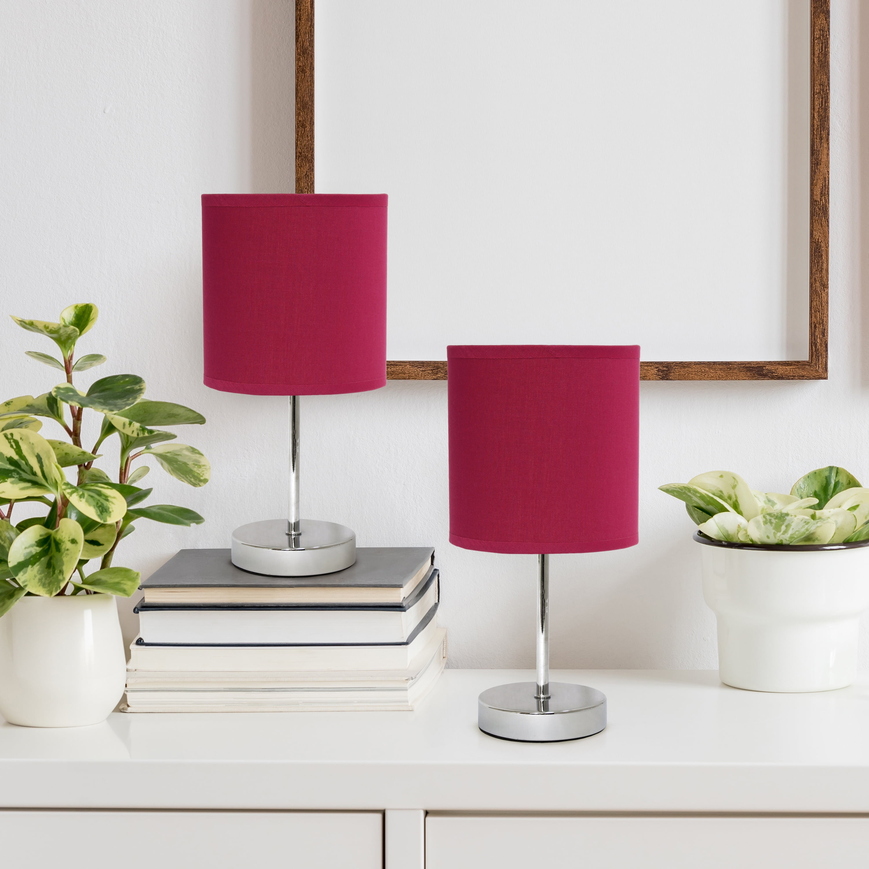Creekwood Home 11.81" Chrome 2 Pack Petite Metal Stick Table Lamp Set, Wine Red Shades