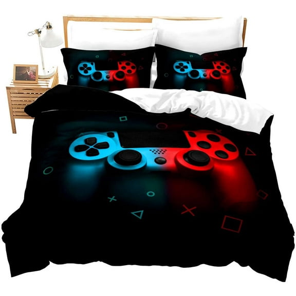 Gamer Duvet Cover for Boys,Gaming Comforter Cover Full,Cool Games Gamepad Bedding Set Kids Teen Game Room Decor Bed Cover,Video Game Controller,Modern Gradient Soft Red and Blue Bedclothes with Zipper
