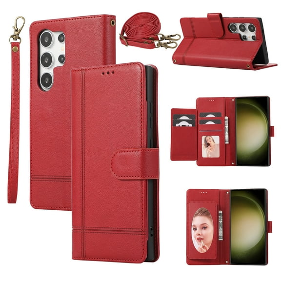 TECH CIRCLE Wallet Case For Galaxy S24 Ultra,Magnetic Flip Folio Stand Purse Case with Shoulder Wrist Strap Card Holder Cover Hidden Mirror Protective Cover for Samsung Galaxy S24 Ultra 6.8" 2024,Red