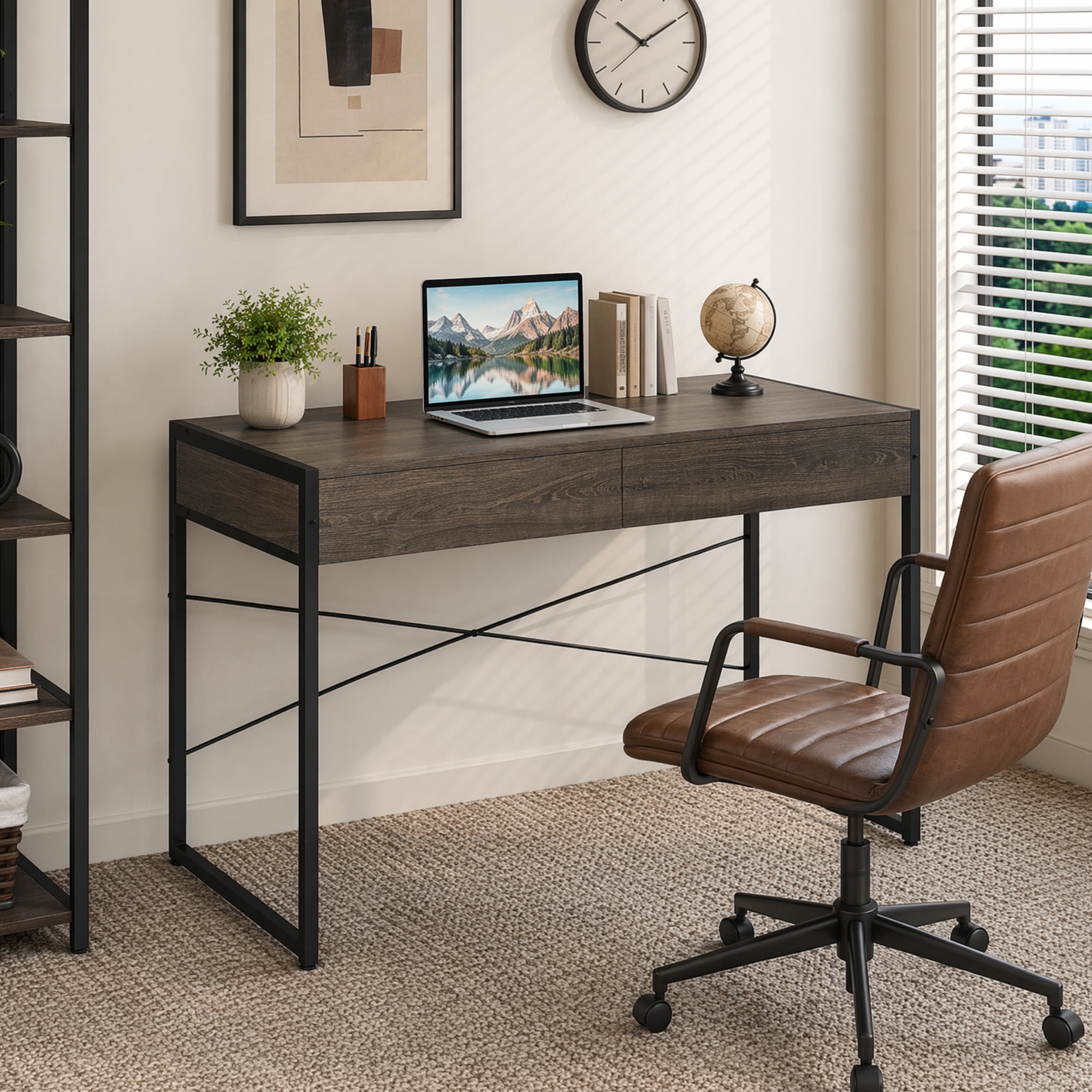 44" Computer Desk with 2 Drawers, Writing Desk Study Desk for Home Office,Oak