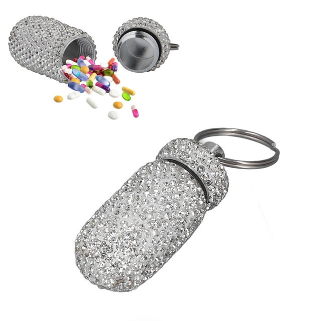 Keychain Pill Box, Rhinestone Capsules Storage Case Container with Keyring, Aluminum Alloy Portable Medicine Bottle Box