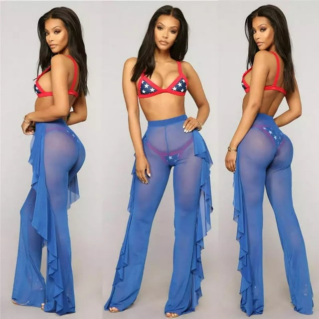 Pantalon de Couverture de Bikini en Maille Transparente à Volants pour Femmes Bleu TTG
