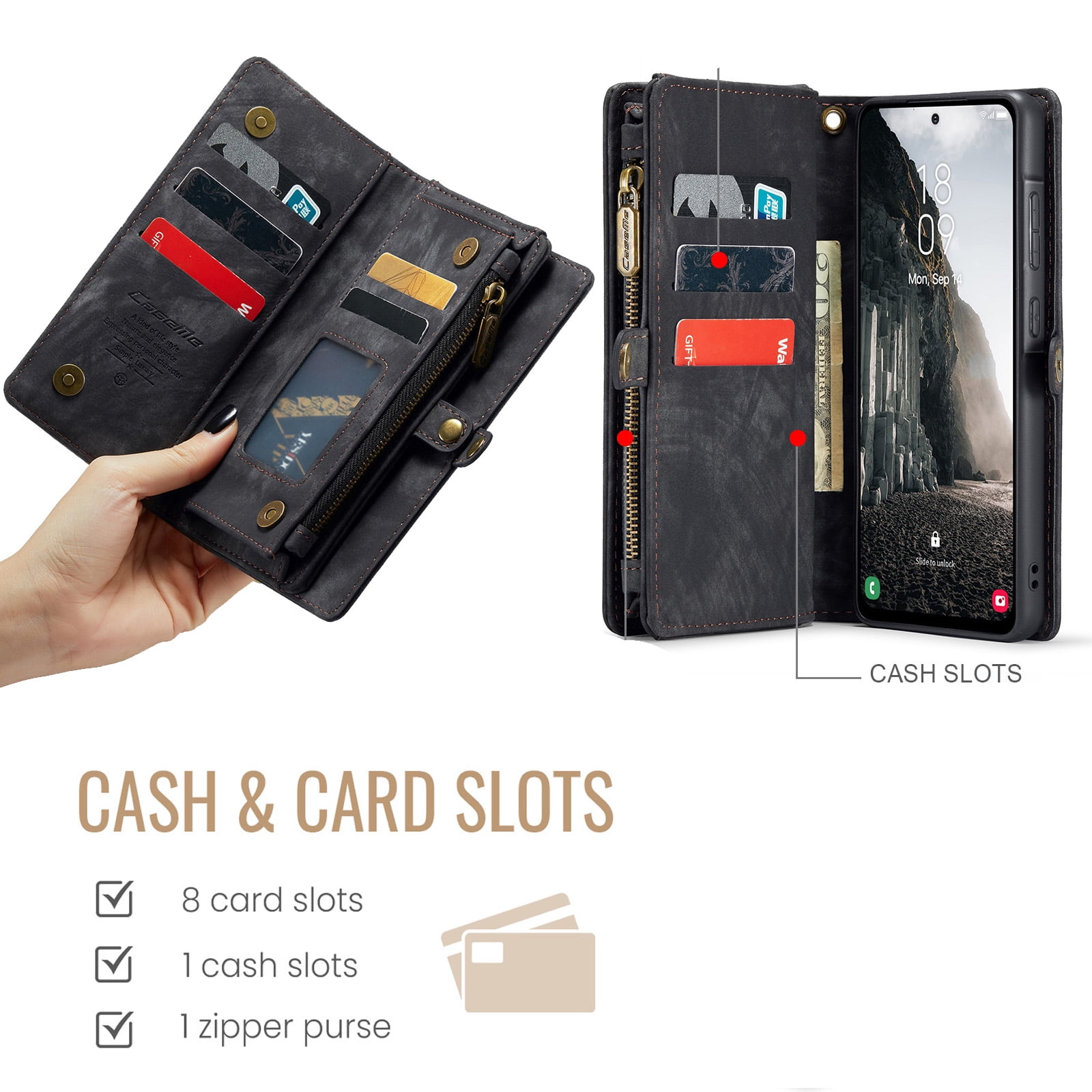 Dteck for Samsung Galaxy Note 10 Plus Wallet Case,Leather Zipper Wallet Case 8 Card Slots Holder Flip Purse Magnetic Handle Strap Shockproof Detachable Phone Cover For Samsung Galaxy Note 10+, Black