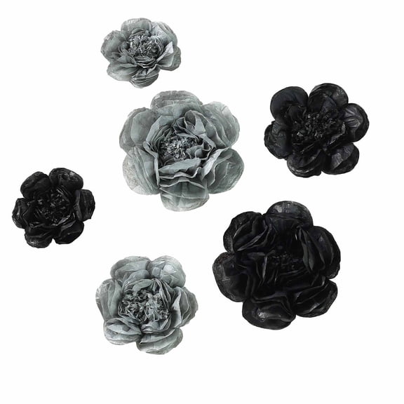 BalsaCircle 6 Pieces 7" 9" 11" Black Charcoal Grey Tissue Paper Peony Flowers Wall