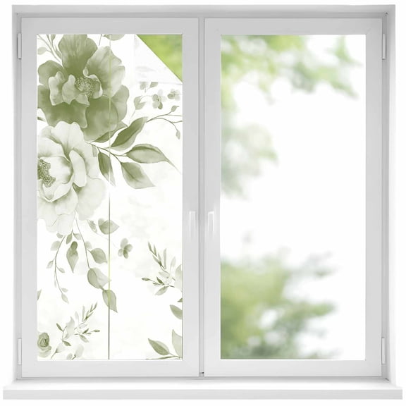 Sage Green Flower Window Privacy Film, Watercolor Gradient Retro Floral Static Cling UV Sun Blocking Heat Control Window Tint Day and Night, Non-Adhesive One Way Windows Privacy Cover 19.6''x39.3''