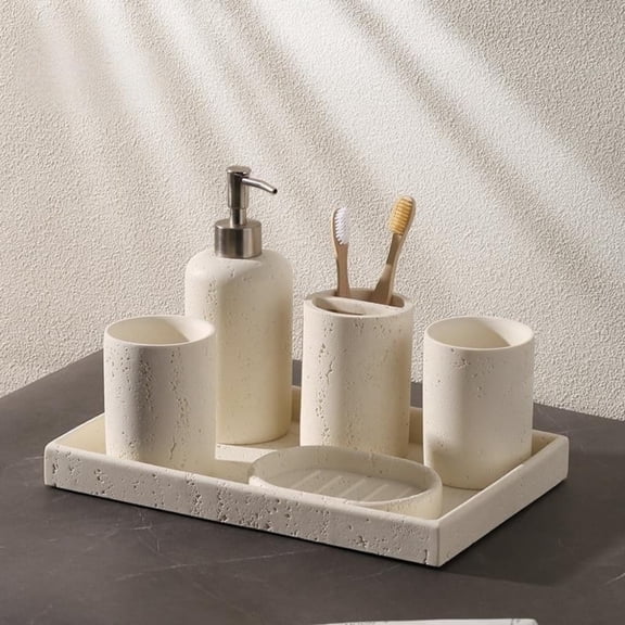 6-Piece Bathroom Set with Soap Dispenser, Toothbrush Holder, Vanity Tray, 2 Cups & Cotton Swab Jar/Soap Dish - Modern Vintage Organizer