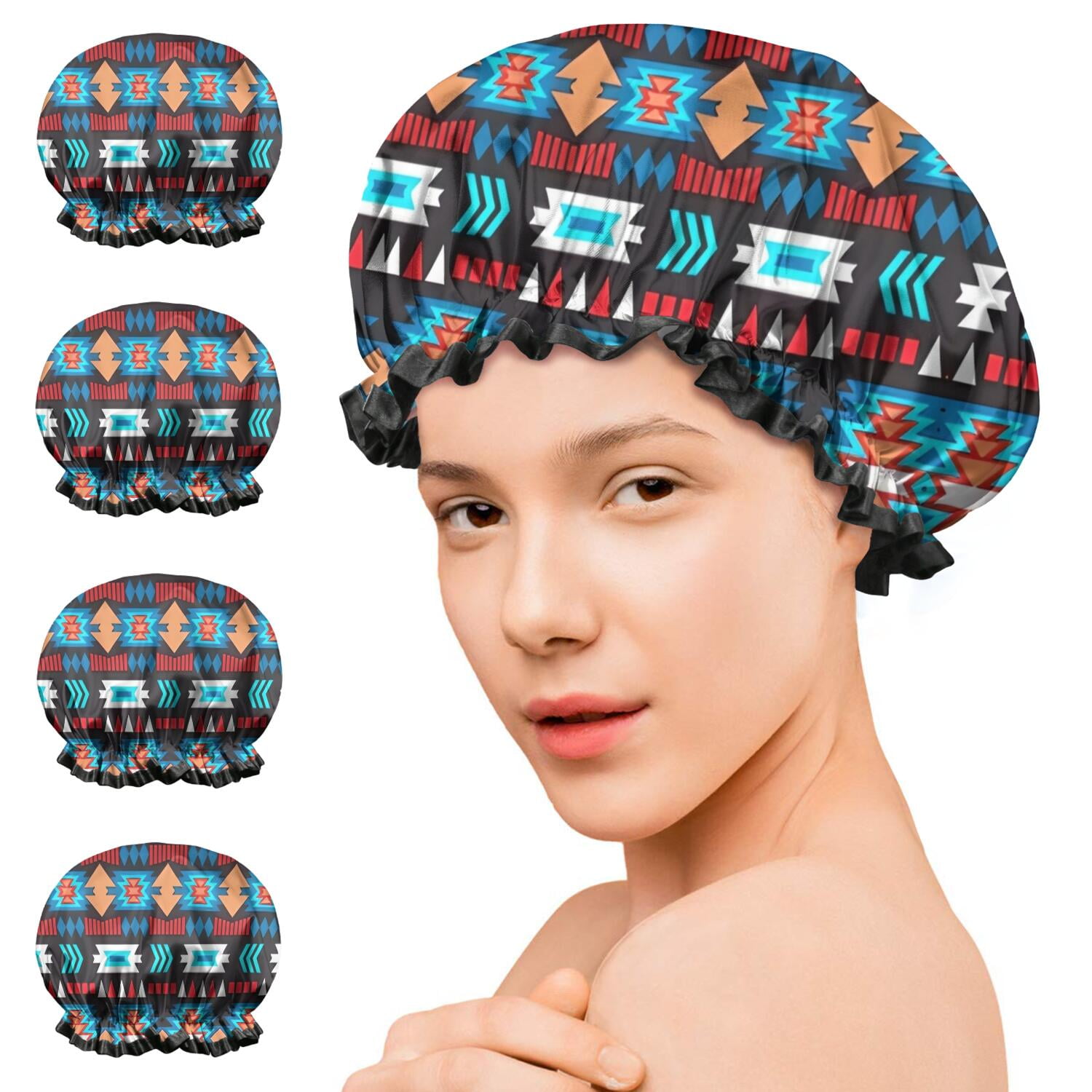 Shower Caps,Blue and Orange Geometric Boho Pattern Waterproof Shower Cap for Women 4 Pieces,Double Reusable Hair Cover for Shower PEVA Elastic Stretch Hem