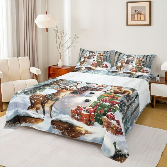 Homewish Cartoon Winter Snowman Twin Sheet Sets, Jungle Reindeer Animal Twin Fitted Sheet, Christmas Festival Flat Sheet, Breathable Home Decor, 3pcs
