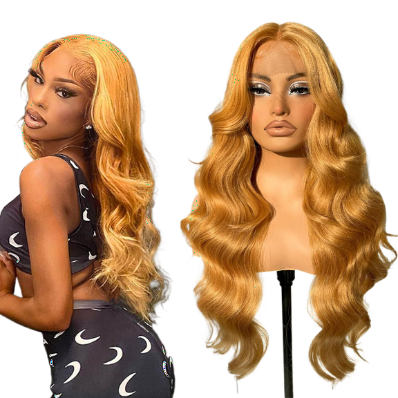 Ladies' Front Lace Synthetic Fiber Wig Golden Middle-Parted Long Curly Hair Big Waves