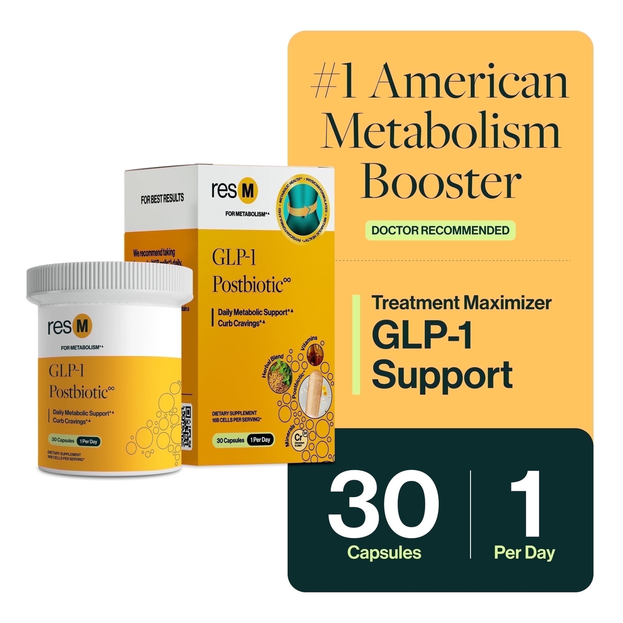 resbiotic resM GLP-1 Support Probiotic Supplement with Fenugreek for Metabolic and Gut Health, 30 Capsules