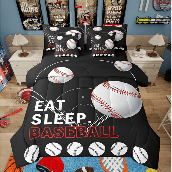 7 Piece Baseball Bed in a Bag Twin Size Sports Bedding Sets Baseball Ball Print Comforter Set with Sheets Baseball Court Decor Bed Set Sports Baseball Player Games Sheets