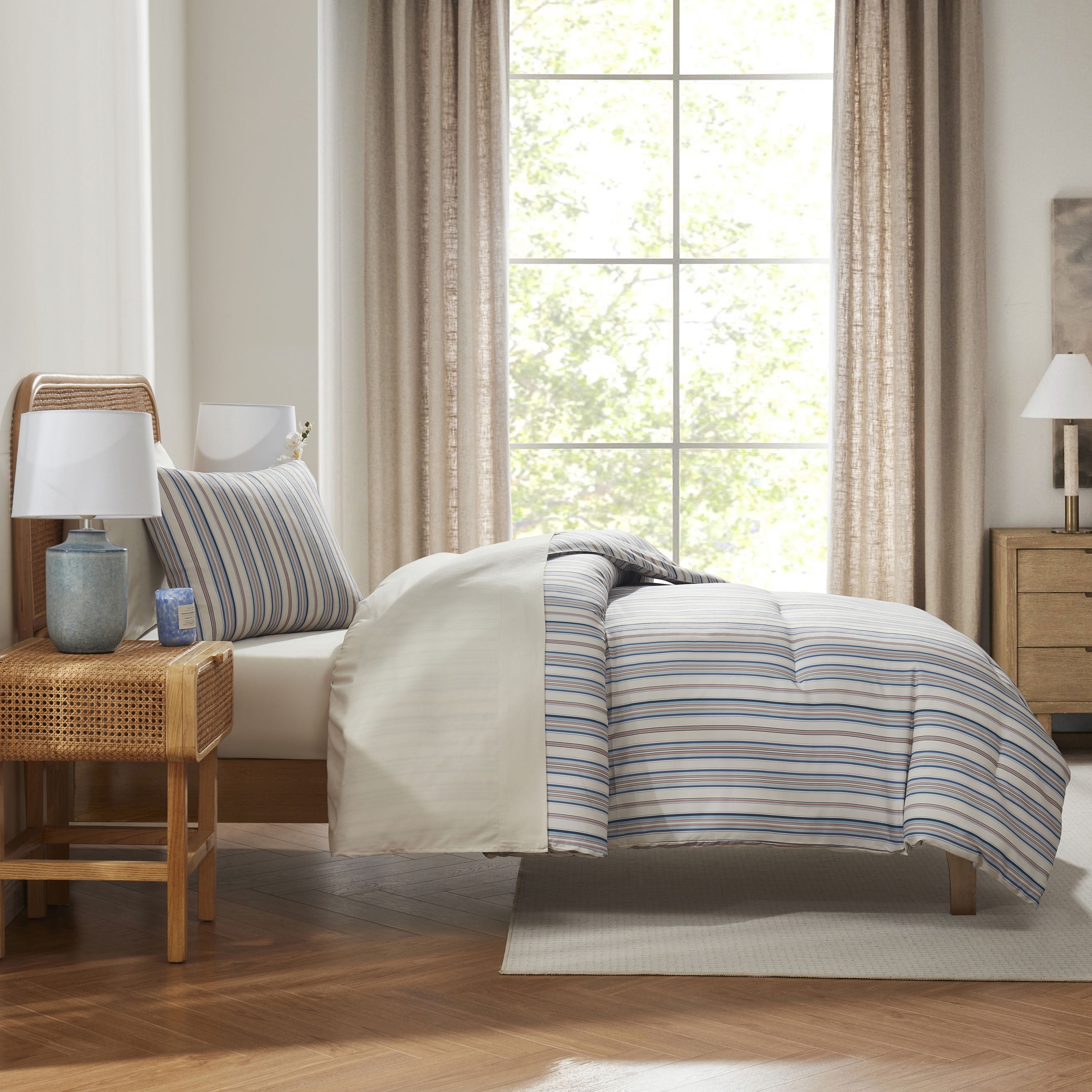 LammaLoe Twin Comforter Sets, 5 Piece Striped Bed in a Bag, Bedding Comforter Set with Sheets, Modern Bed Set, Off White