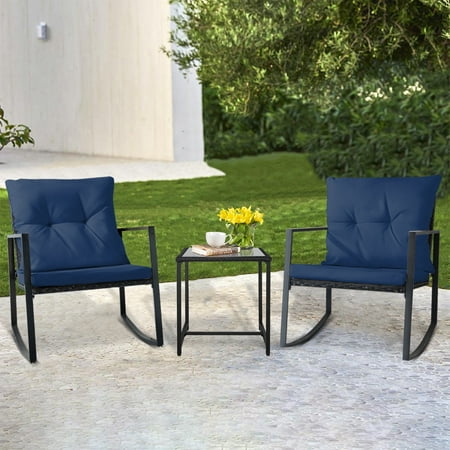 SUNCROWN 3-Piece Patio Bistro Set Outdoor Rocking Black Wicker Chairs with Table (Dark Blue)