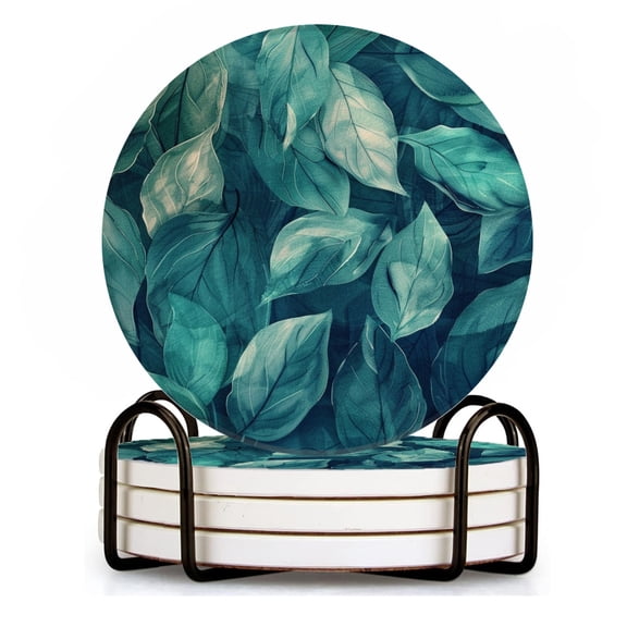 BaHomeck Drink Coasters Set of 4 with Holder Leaves in dark teal background Water Absorbent Ceramic Coasters Tabletop Protection,Suitable for Various Cup ,Home Decor