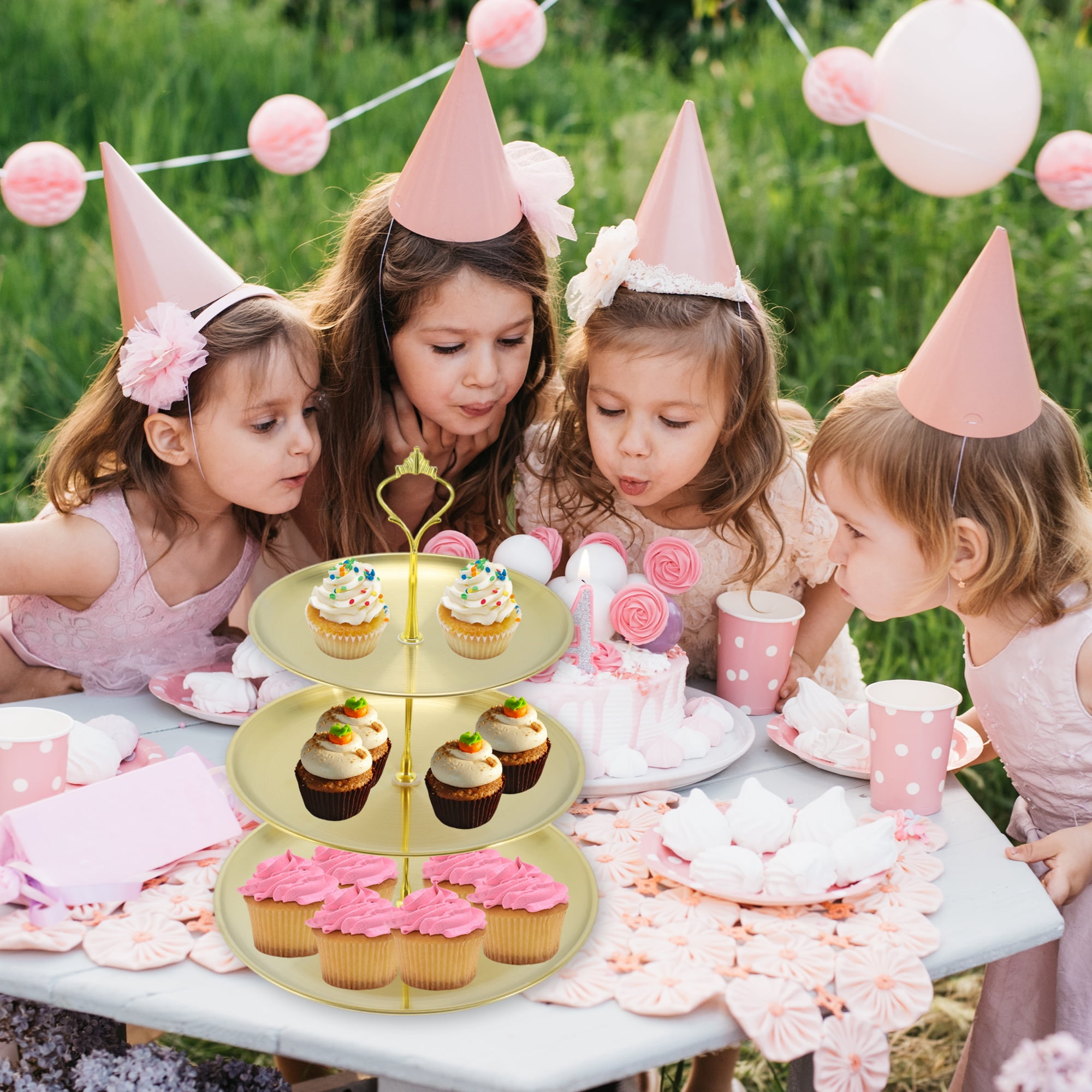 Unique Bargains 3 Tier Dessert Cupcake Stand Holder Round Cup Cake Tower Gold Tone