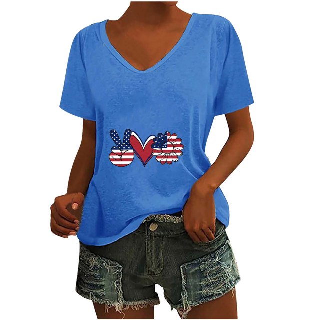Camisetas Casuales de las Mujeres Gradiente Día de la Independencia Impreso Cuello Redondo, Blusa de Manga Corta para Diario, Fiesta Y Primavera Verano