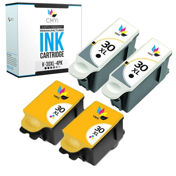CMYi Combo Pack of 4 Inkjet Printer Ink Cartridges Compatible for Kodak 30XL, 2 Black, 2 Tri-color