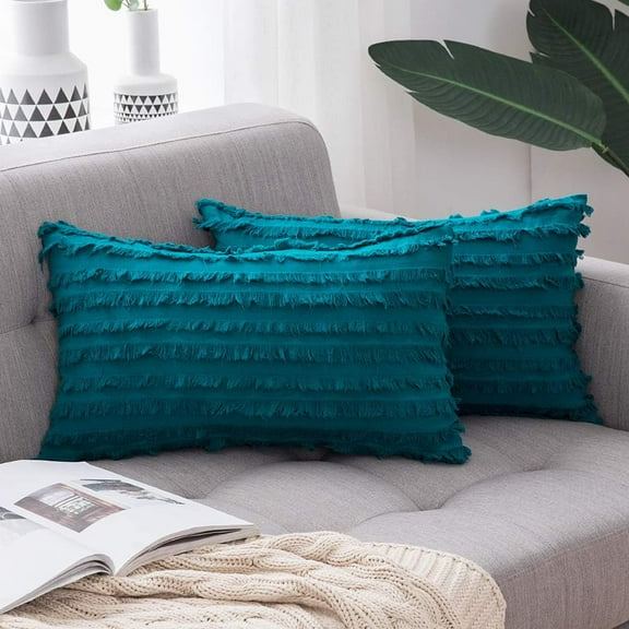 ERDOUY Set of 2 Throw Pillow Covers Linen Striped Cushion Covers 12x20 Inch Teal