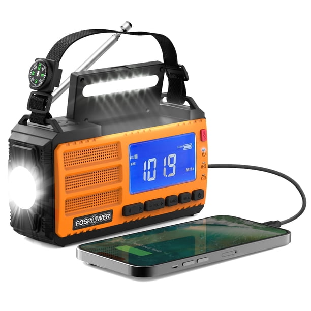 FosPower Radio meteorológica de emergencia (modelo D8) NOAA/AM/FM con banco de energía portátil de 37000 mWh, carga USB/solar/manivela, alarma SOS y linterna para emergencias en interiores y exteriore