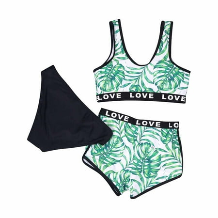

Clearance! Gallickan Summer 3 Piece Bikini with Shorts 2023 Girls Swimwear Sleeveless Leaves Print Swimsuit Bikini Bathing Suit Swimming Set Sizes 8T-15T