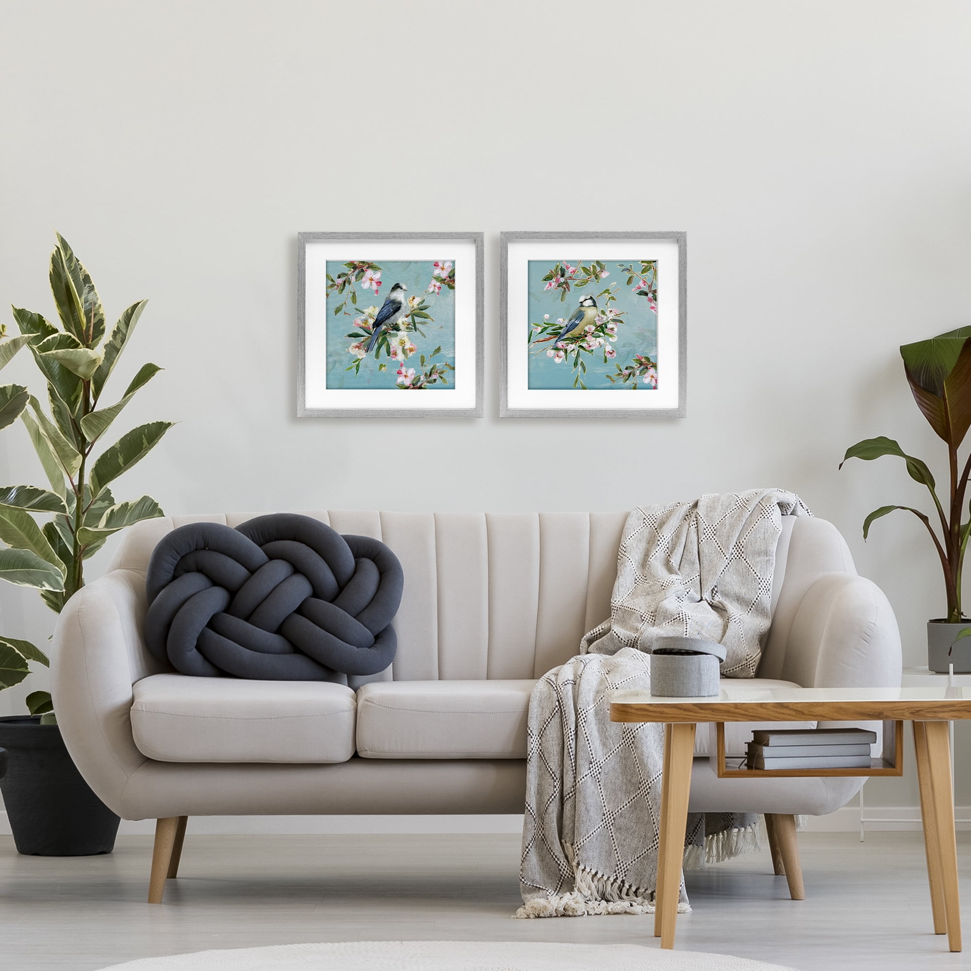 Stupell Industries Songbirds Among Spring Blossoms 2 Piece Gray Framed Print Under Glass Set, design by Sally Swatland