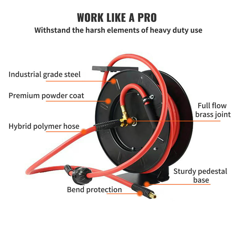 VEVOR Air Hose Reel, 3/8 IN x 100 FT Retractable Hybrid Polymer Hose MAX  300PSI, Pneumatic Ceiling / Wall Mount Heavy Duty Double Arm Steel Reel  Auto Rewind 