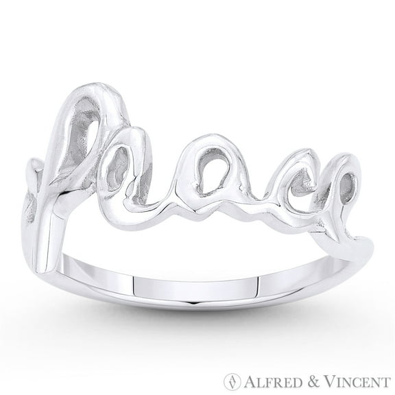 "Peace" Word Cursive Script Right-Hand Stackable Ring in .925 Sterling Silver