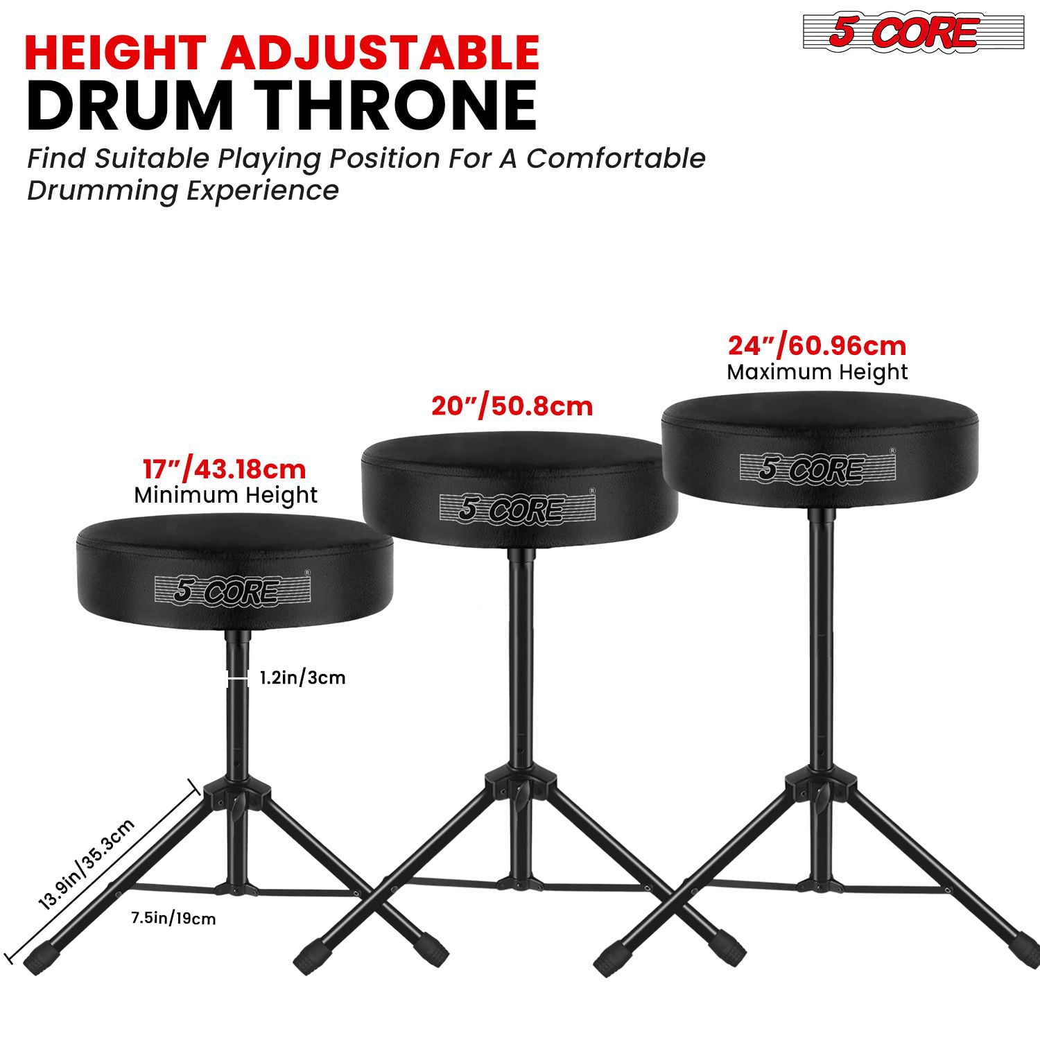 Heavy Duty Drum Throne Stool - 3" Padded Seat, 17"-24" Adjustable Height & 330 lb Capacity (Black)