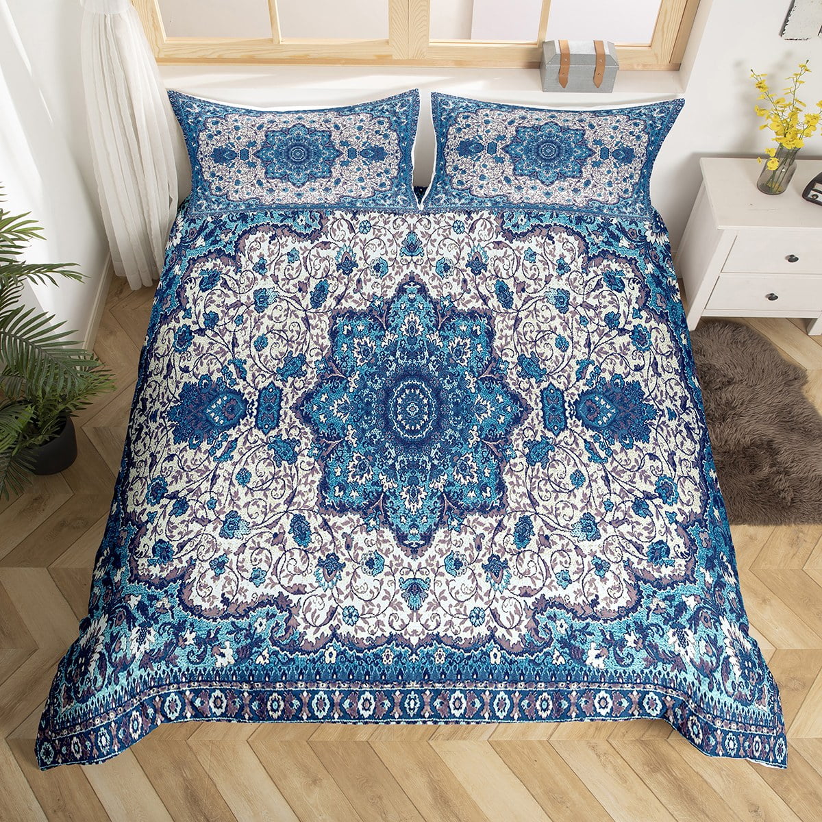 Oriental Medallion Duvet Cover Full Persian Flower Bedding Set, Vintage