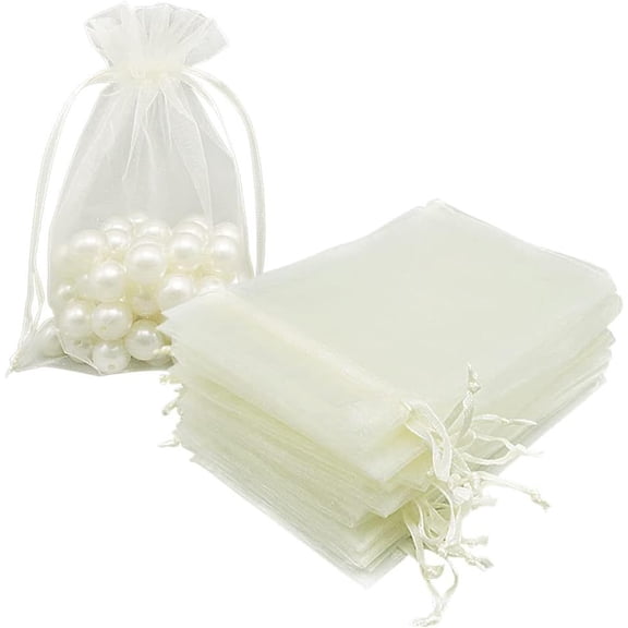NAMZI 100pcs Organza Bags, 5x7 inch Mesh Drawstring Gift Bags Jewelry Pouches for Christmas Candy Party Favor, White