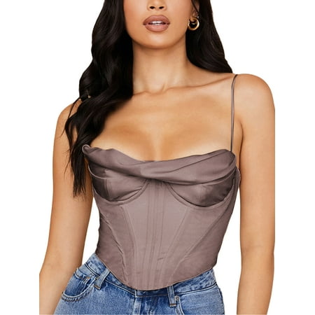 

wybzd Women s Vintage Corset Crop Tops Strap Satin Heap-neck Fishbone Pleated Y2K Bustier Streetwear Gray L