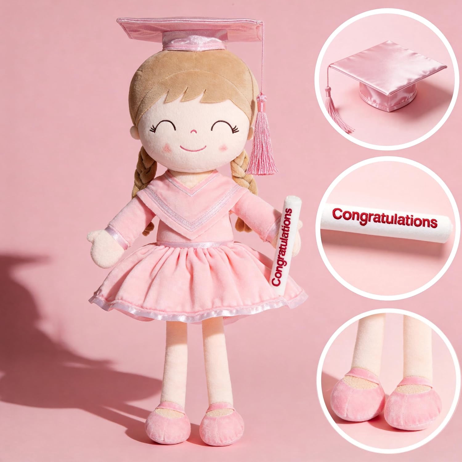 Gloveleya 16" Graduation Girl Doll - Pink Plush Toy with Cap & Gown - Preschool Kindergarten Graduation Gifts for Girls, Class of 2026 Milestone Keepsake