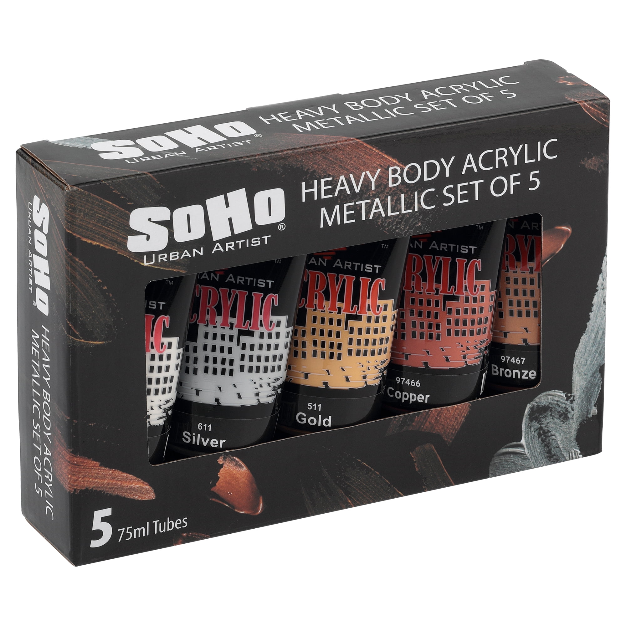 SoHo Urban Artist Heavy Body Acrylic Paint - Set of 5 - 75mL - Metallic - Thick, Rich Color, Excellent Coverage, Professional Quality - Artists Acrylic Paint