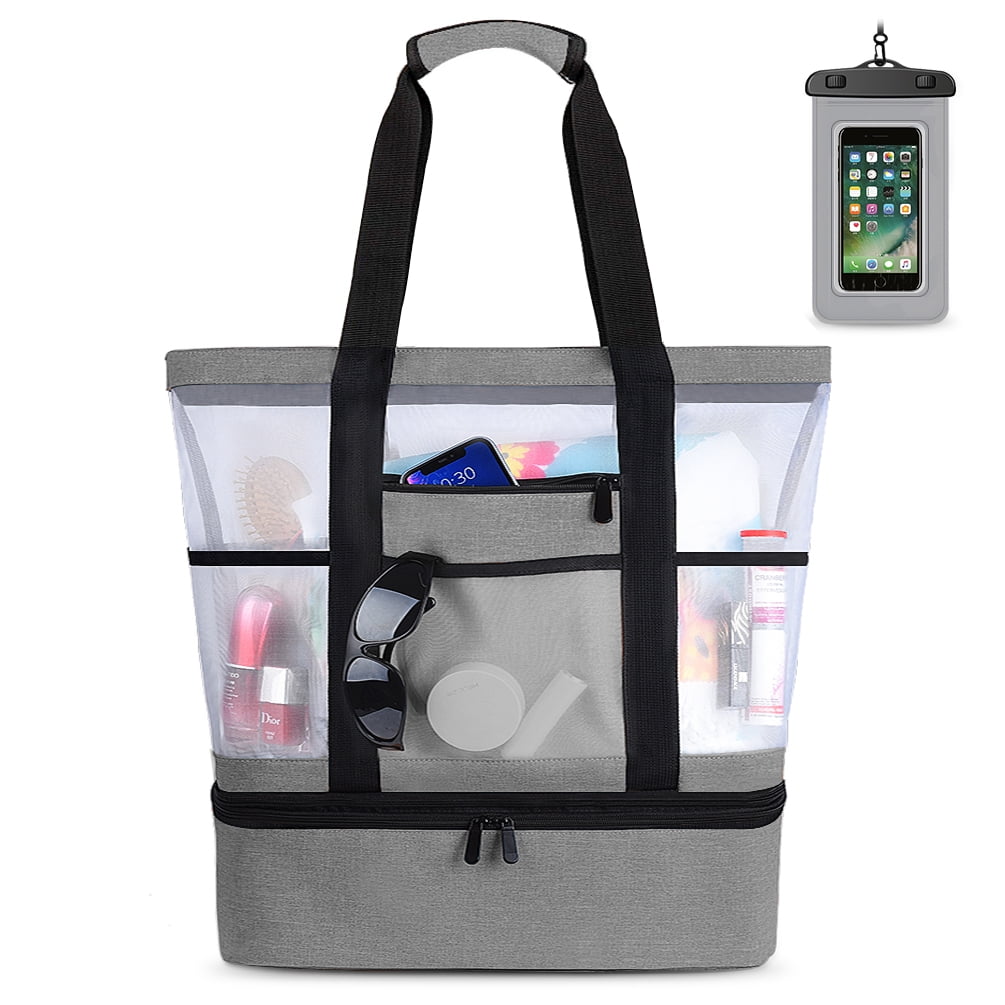 2in1 Mesh Beach Tote Bag with Detachable Insulated Cooler Bag, Large
