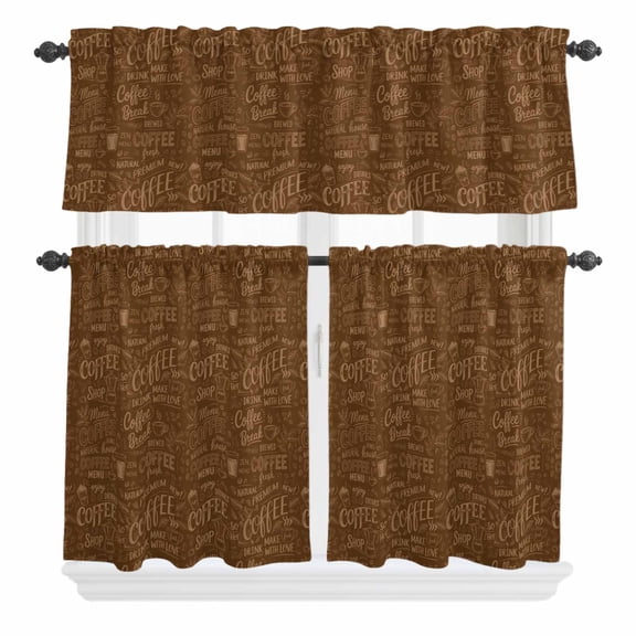 3 Piece Kitchen Curtains and Valances Set Brown Coffee Cafe Curtains 36 Inch Length Farmhouses Vintage Cup Plants Text Art Valance & Tier Curtain for Living Room Bedroom Window 54"x18" 27"x36"*2