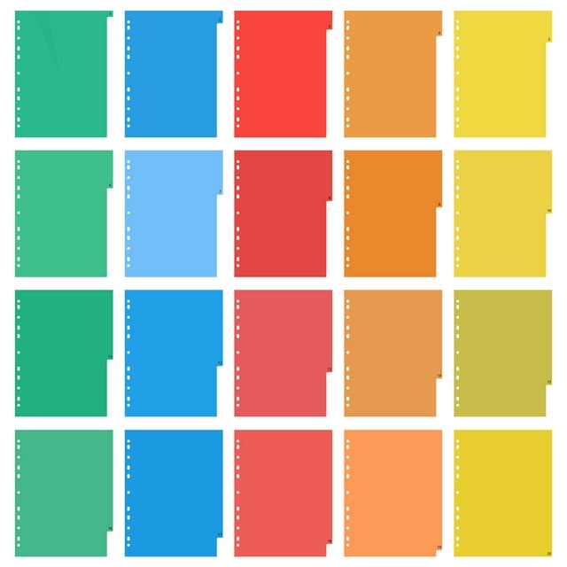 20 Pages A4 Index Coloré Pages Classifiées Lables Séparateurs d'Onglets en Plastique (Numéro Imprimé Coloré)