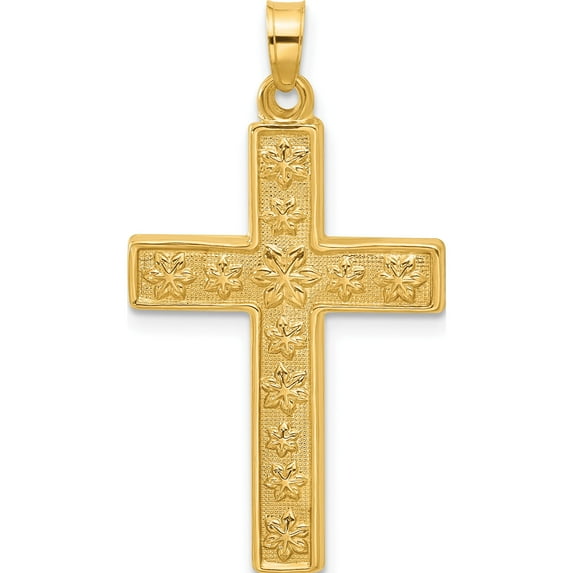 14K Yellow Gold Polished And Textured Floral Cross Pendant (Width 19.7) (Length 35.9) - Jbsp