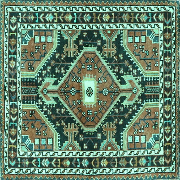 Ahgly Company Machine Washable Indoor Square Medallion Turquoise Blue Traditional Area Rugs, 6' Square